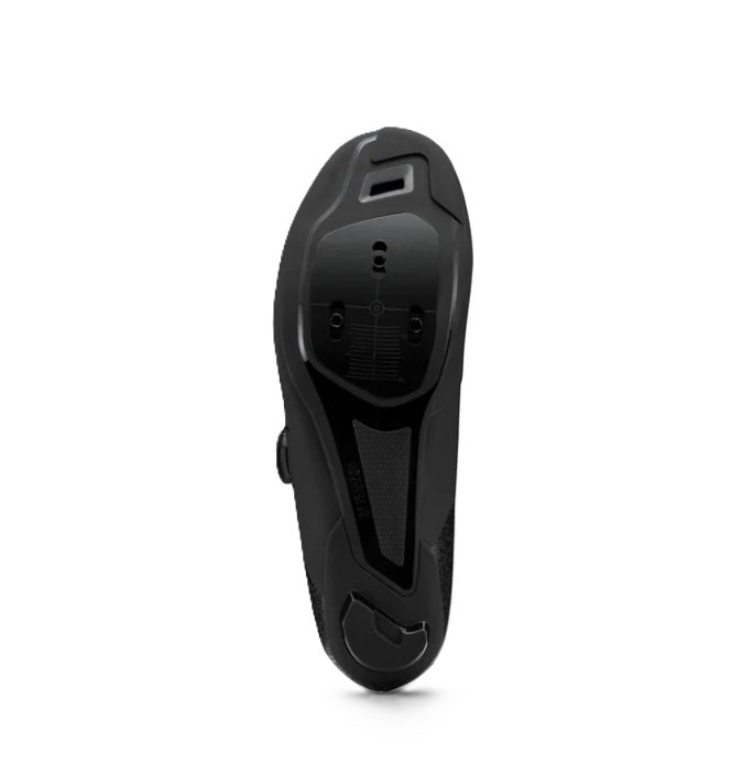 Bottom view of sole of black Shimano SH-RC302 cycling shoe on white background. 