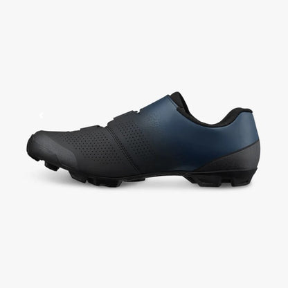 Inside profile view of black and navy Shimano SH-XC102W cycling shoe