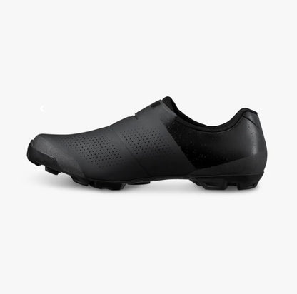 Inner profile view of black Shimano SH-XC302 cycling shoe on a white background.