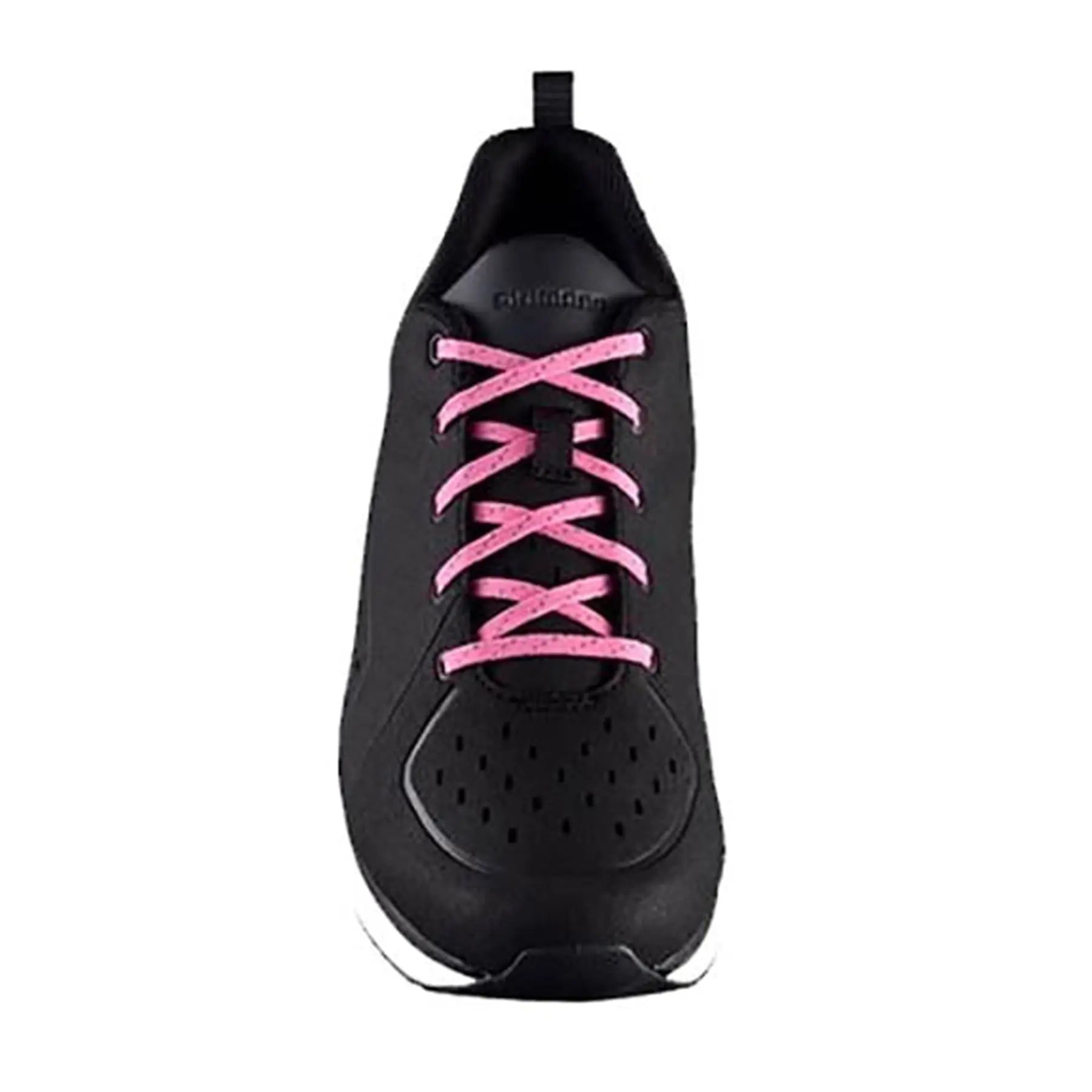 Top view of the Shimano Women's CT500W Cycling Shoes in Black with Pink laces and a white and black sole against a white background.