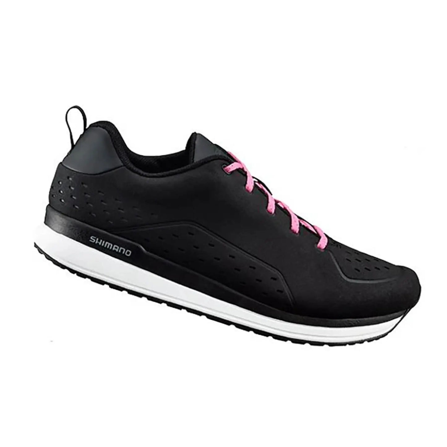 Side view of the Shimano Women's CT500W Cycling Shoes in Black with Pink laces and a white and black sole against a white background.
