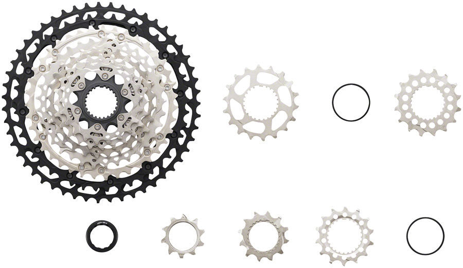 Shimano XT CS-M8100 Cassette - 12-Speed 10-51t Silver/Black Micro Spline pieces apart of it.