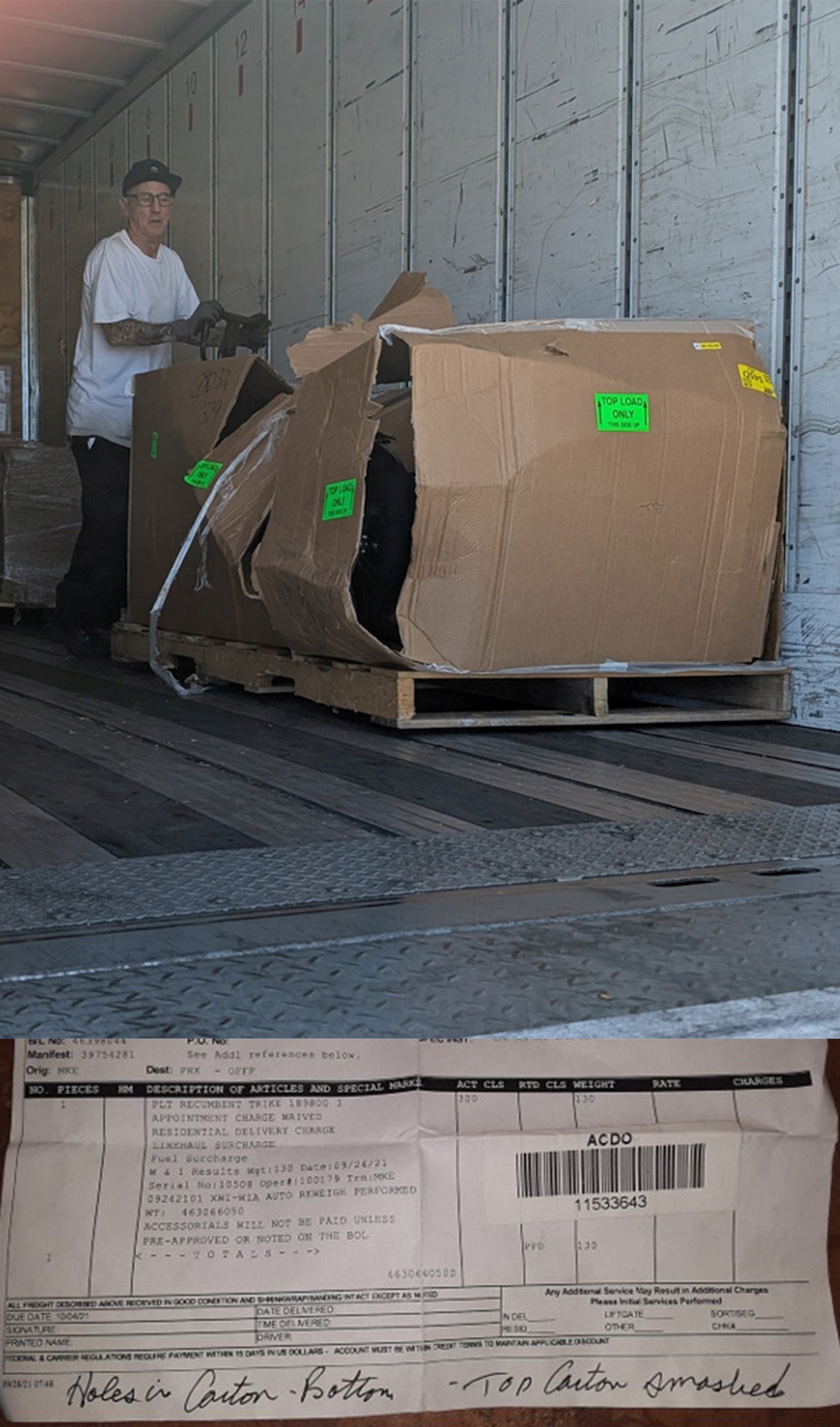 Image showing shipping damage to a trike box, with damage noted on the delivery form.