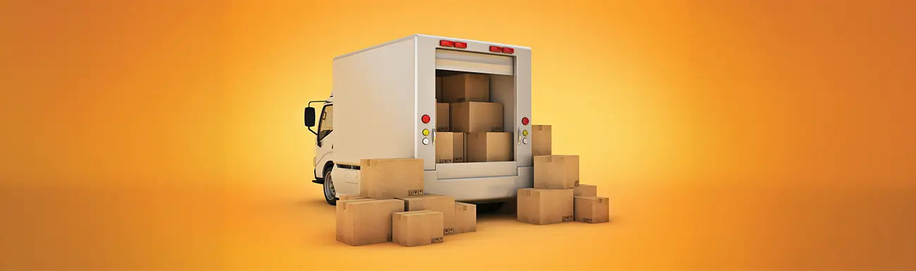 White delivery truck with cardboard boxes on a bright orange background