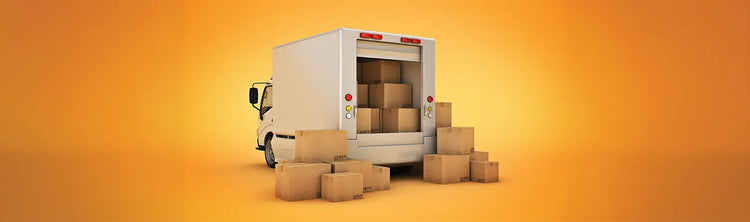 White delivery truck with cardboard boxes on a bright orange background