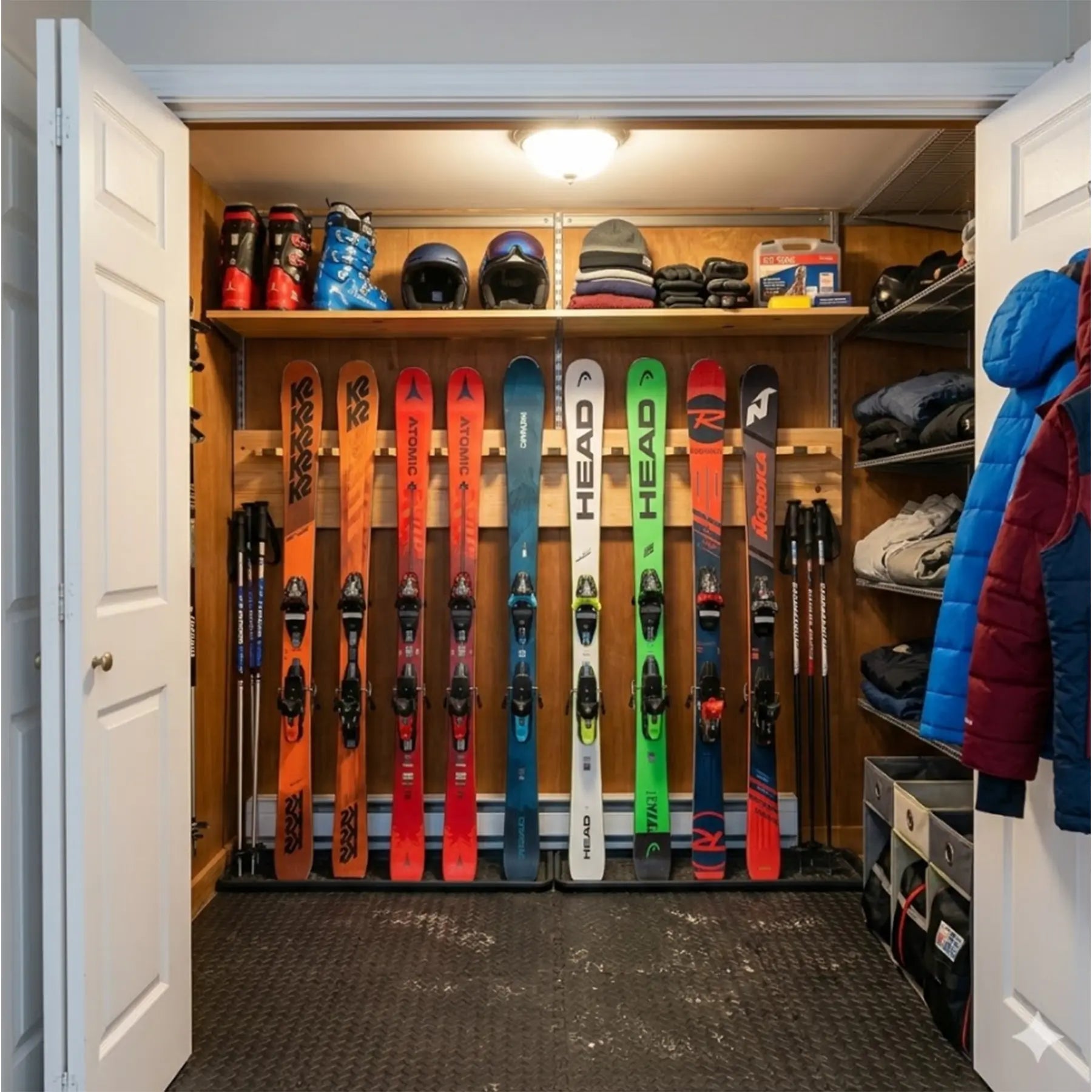 Closet with skis, helmets, and jackets on shelves.