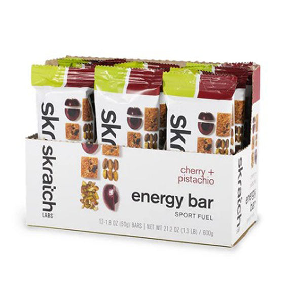 Image of a box of 12 of Skratch Labs Anytime Energy Bar in Cherry Pistachio.