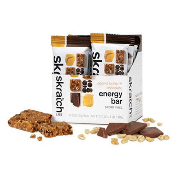 Image of a box of 12 of Skratch Labs Anytime Energy Bar in Peanut Butter Chocolate.