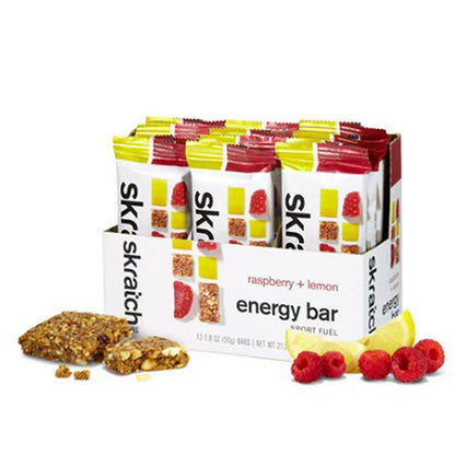 Image of a box of 12 of Skratch Labs Anytime Energy Bar in Raspberries and Lemon.