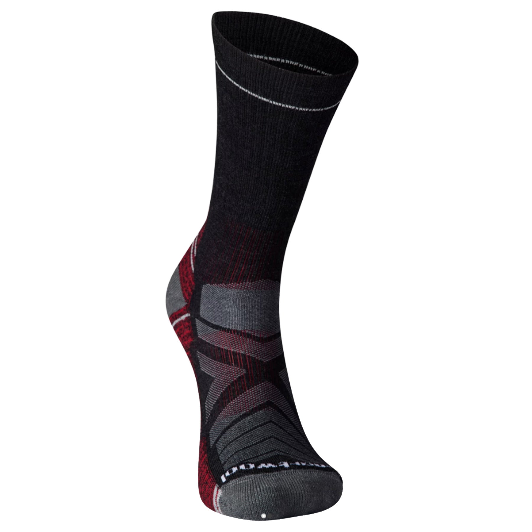 Front view of a black, red, and gray hiking sock with a Smartwool logo against a white background.