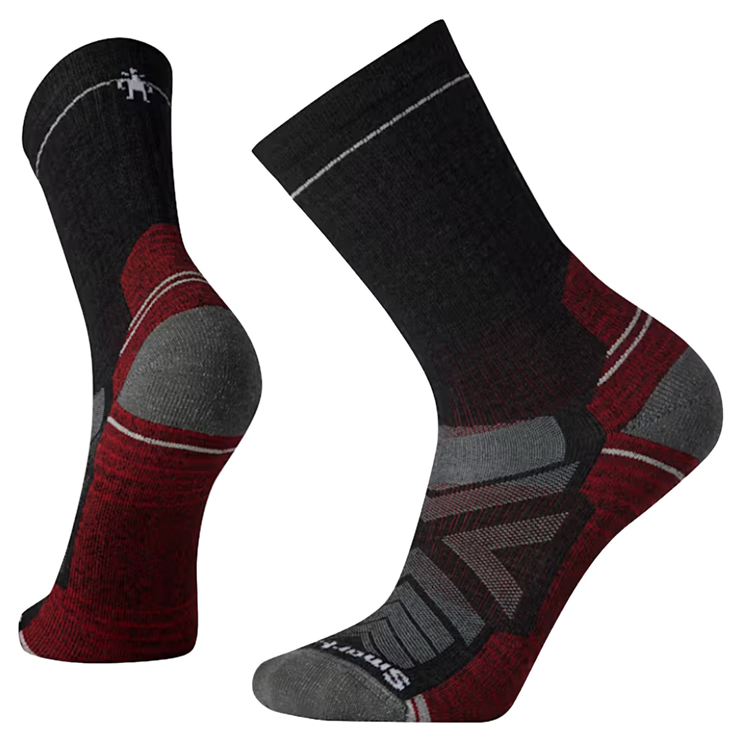 Black, red, and gray hiking socks with a Smartwool logo against a white background.