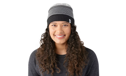 Smartwool Popcorn Cable Reversible Beanie in Natural, studio front view, with model