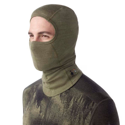 Smartwool Thermal Balaclava in Winter Moss Heather on a model against a white background.