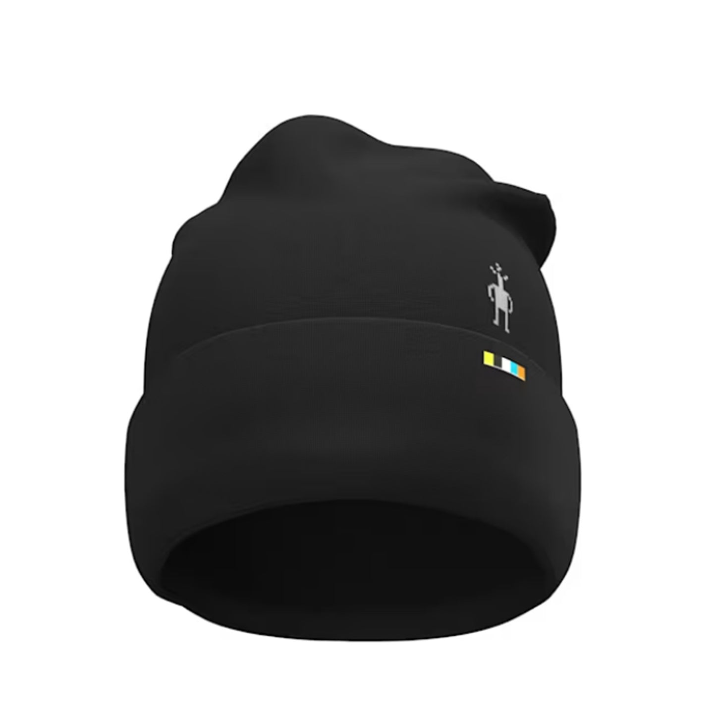Black beanie with a small logo on a white background
