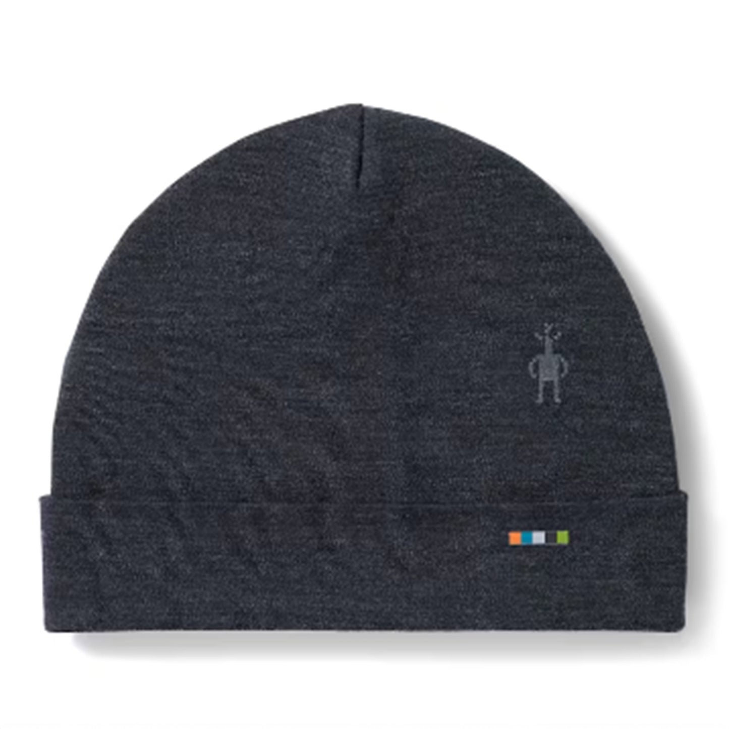 Dark gray beanie with a small logo on a white background