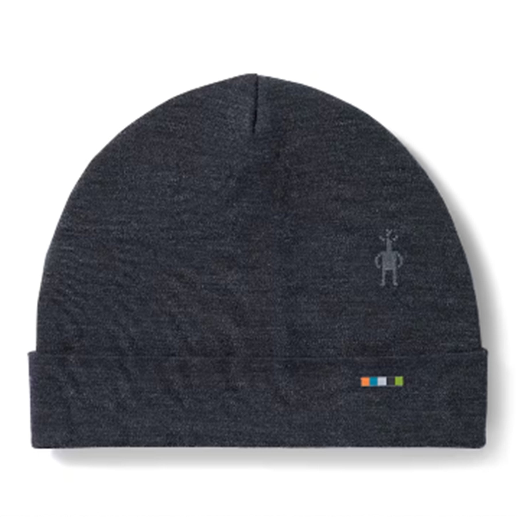 Dark gray beanie with a small logo on a white background