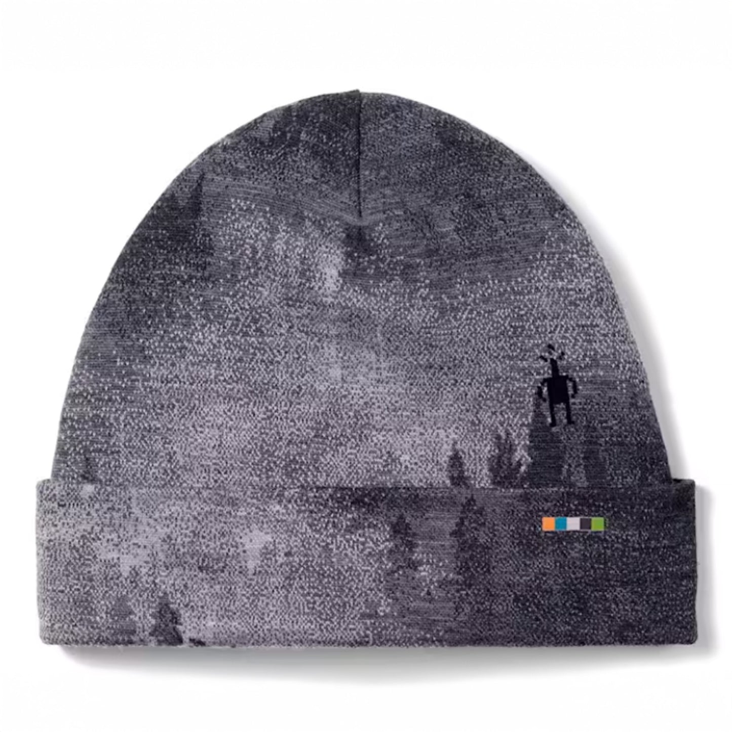 Gray beanie with a pattern and brand logo on a white background