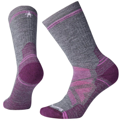 Side view of the Smartwool Womens Hike Full Cushion Crew Socks Medium Gray with pink and purple accents against a white background.