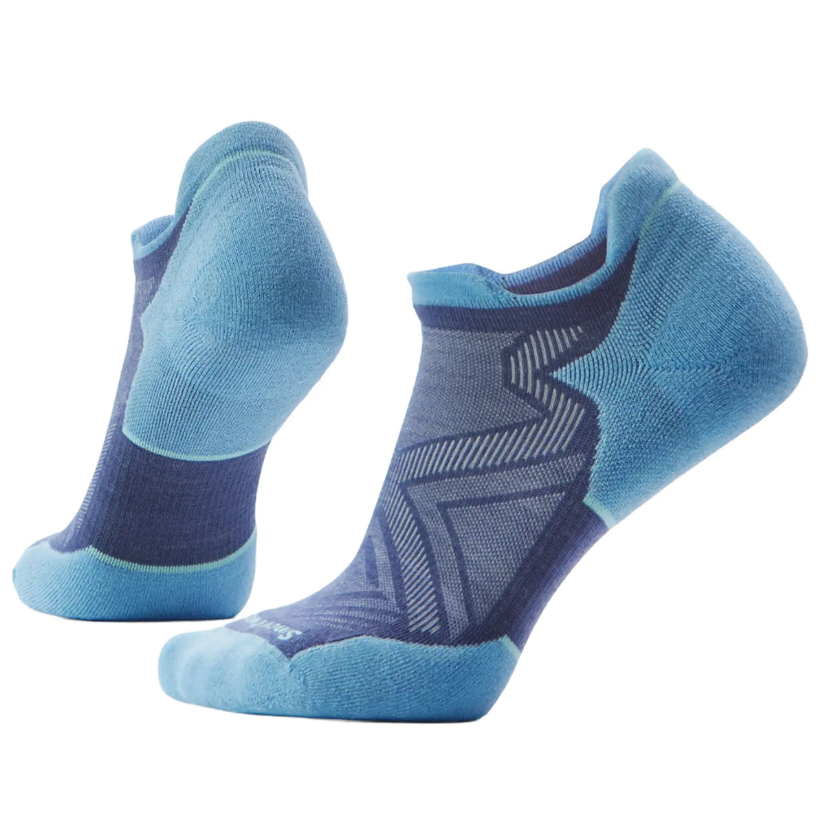 A pair of low-cut Smartwool Women's Run Targeted Cushion Low Ankle Nightfall Blue Socks in light blue and navy blue, shown from the back and side views against a plain white background.