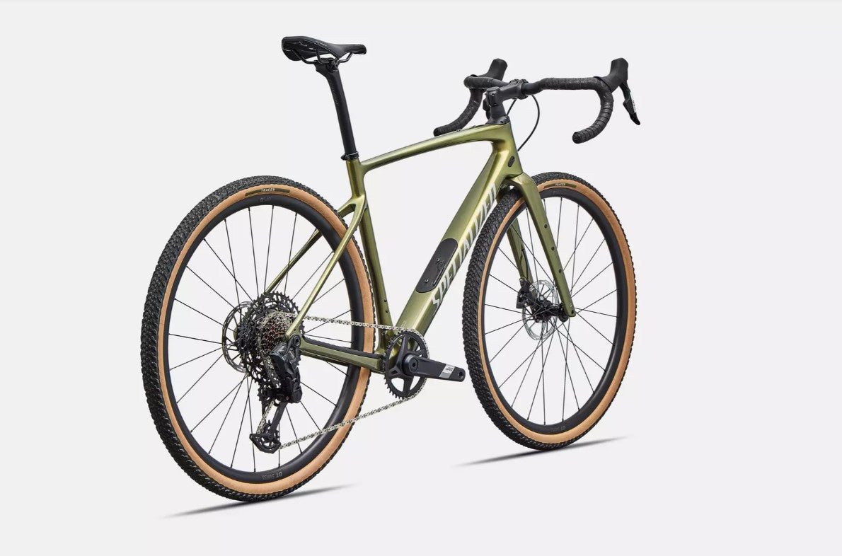 Back right profile view of of green Specialized Diverge Comp road bicycle with brown sidewall tires on a white background.