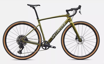 Right profile view of green Specialized Diverge Comp road bicycle with brown sidewall tires on a white background.