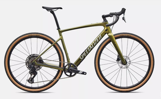 Right profile view of green Specialized Diverge Comp road bicycle with brown sidewall tires on a white background.