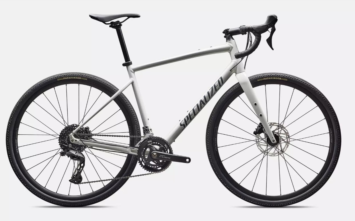Right profile of white Specialized Diverge e5 road bicycle with black components on a white background