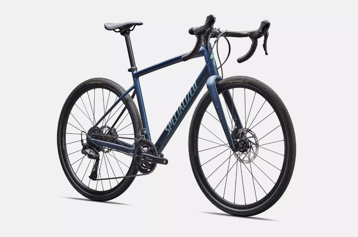 Front right profile of blue Specialized Diverge e5  road bicycle on a white background