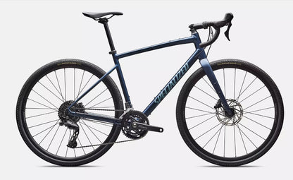 Right profile of blue Specialized Diverge e5 road bicycle on a white background