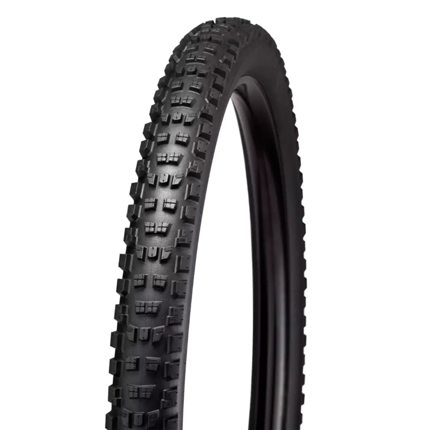 Angled side profile of the black Specialized Eliminator Grid Trail T7 TLR Trail Tire 27.5/650B x 2.4 inch (61-584mm) against a white background.