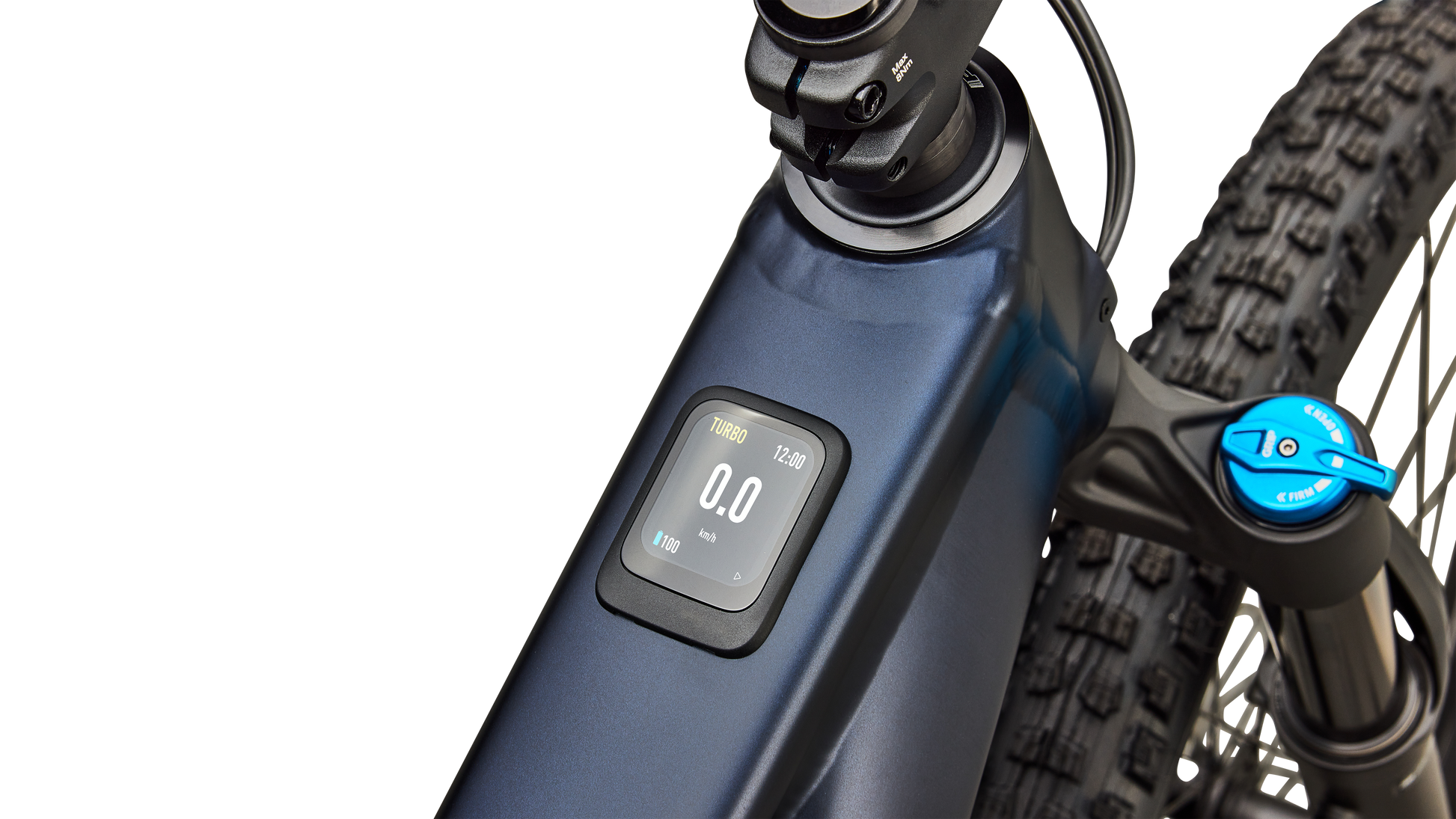 Close-up of a blue Specialized Levo R Comp Alloy electric assist mountain bike with a digital display screen, a black front fork, and part of the front tire against a white background.