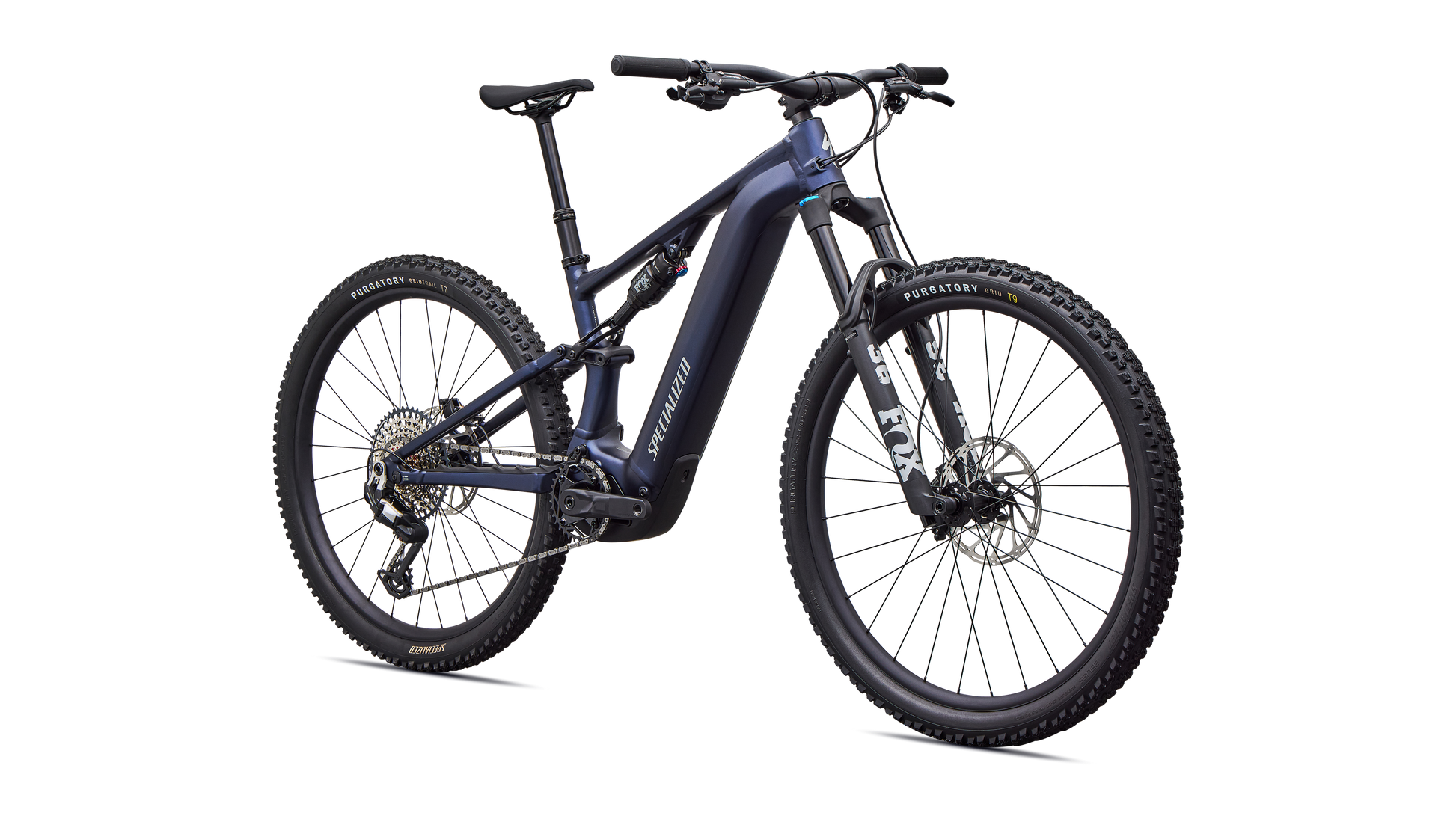 Angled view of blue Specialized Levo R Comp Alloy electric assist mountain bike on white background