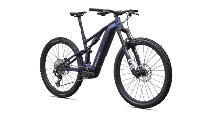 Angled view of blue Specialized Levo R Comp Alloy electric assist mountain bike on white background