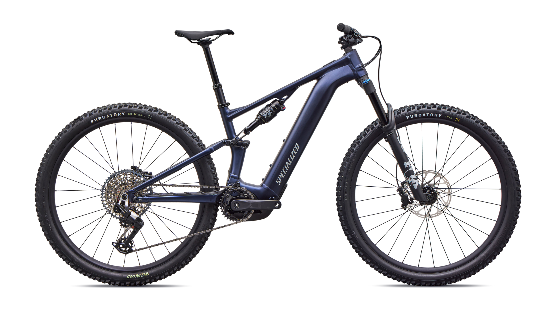 Profile view of blue Specialized Levo R Comp Alloy electric assist mountain bike on a white background