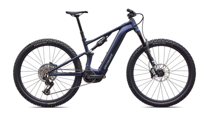 Profile view of blue Specialized Levo R Comp Alloy electric assist mountain bike on a white background
