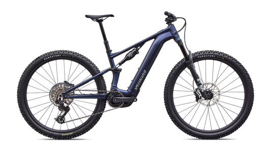 Profile view of blue Specialized Levo R Comp Alloy electric assist mountain bike on a white background