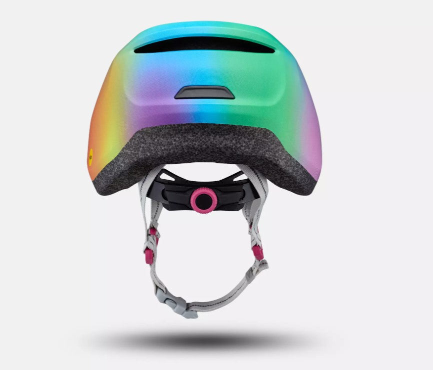 Back view of a multicolored rainbow Specialized Mio 2 helmet with a gradient effect on a white background