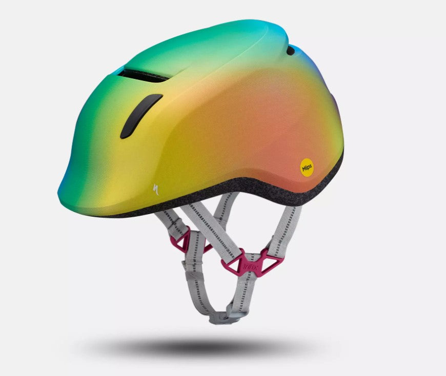 Colorful rainbow Specialized Mio 2 toddler helmet with a gradient design on a white background.