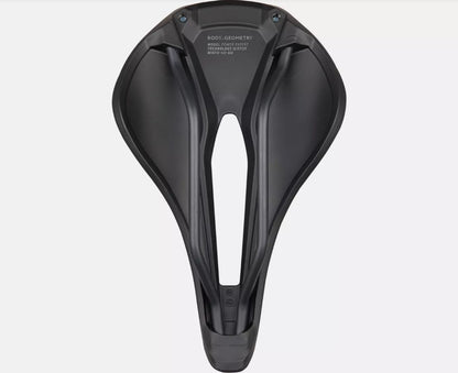 Bottom view of black Specialized Power Expert bicycle saddle on a white background. 