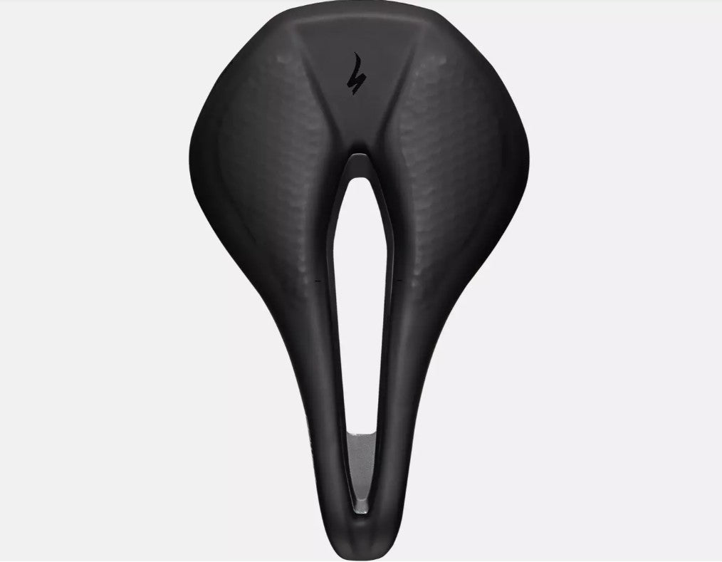 Top down view of black Specialized Power Expert bicycle saddle on a white background. 