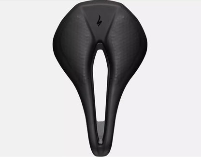 Top down view of black Specialized Power Expert bicycle saddle on a white background. 