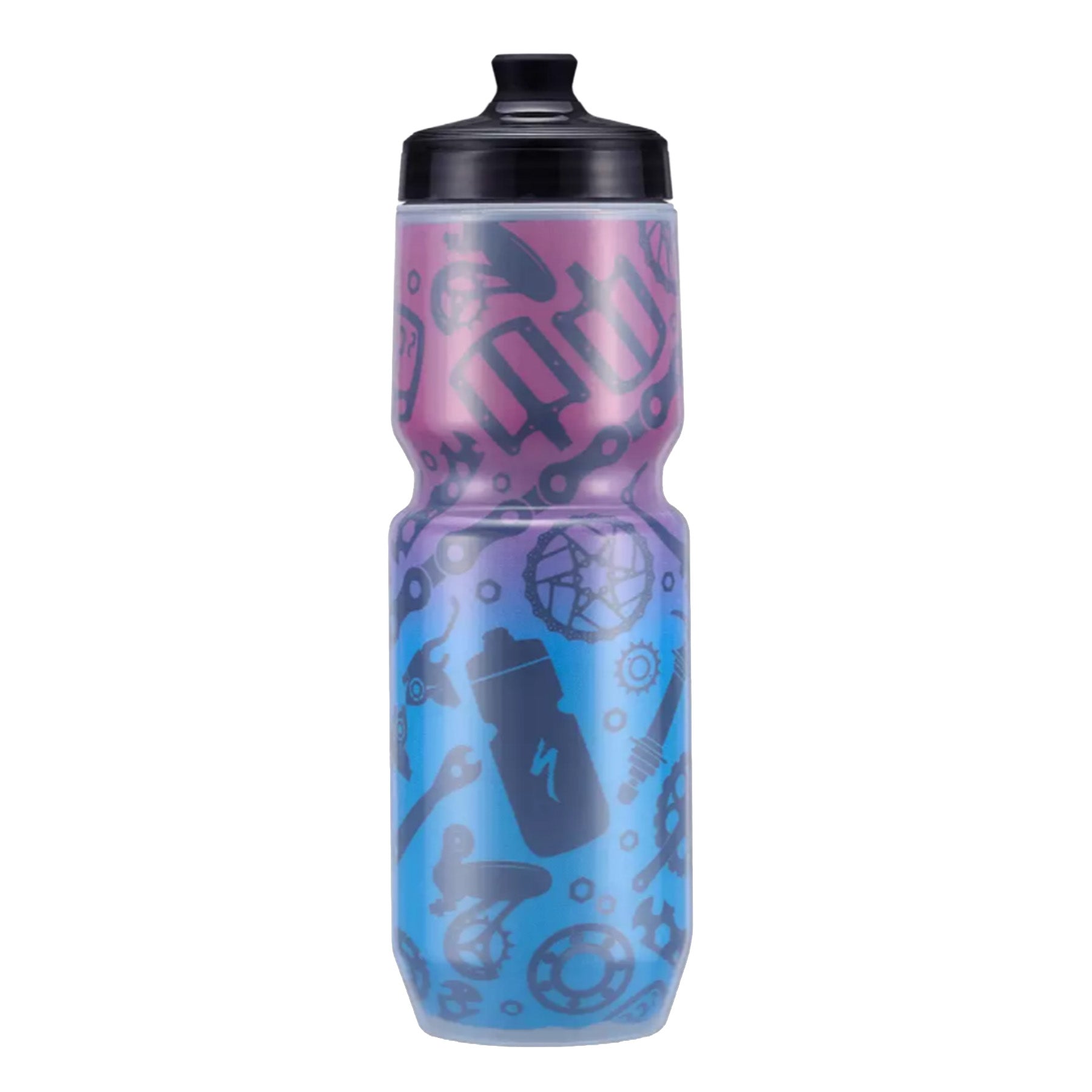 Bicycle water bottle with purple and blue design showing bike components against a white background.