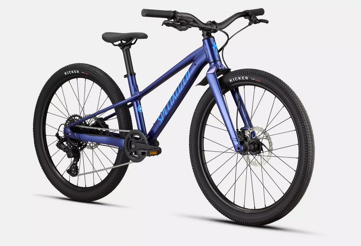 Front right angled profile view of a blue Specialized Riprock kids mountain bike with black components on a white background. 