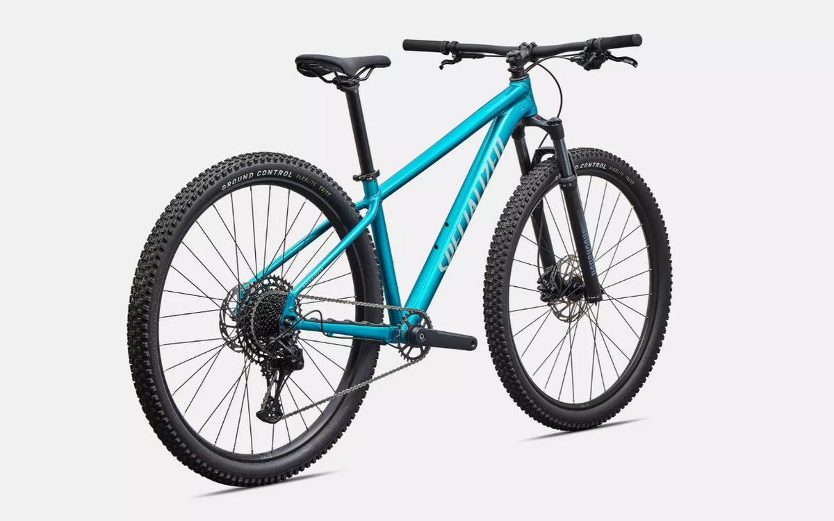 A back angled view of a teal Specialized Rockhopper Comp with black tires, seat post and seat, on a white background.
