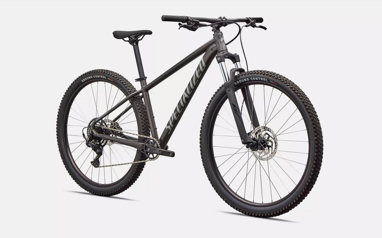 Dark grey Specialized Rockhoper Sport mountain bike on a white background