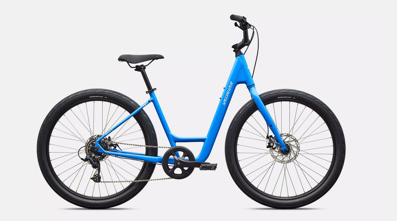 Right profile view of blue Specialized Roll bicycle with white lettering and black components on a white background.