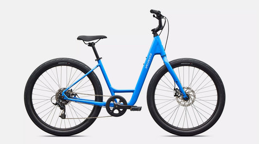 Right profile view of blue Specialized Roll bicycle with white lettering and black components on a white background.