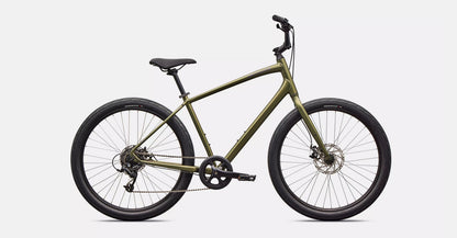 Right profile view of olive green Specialized Roll bicycle with black components on white background. 