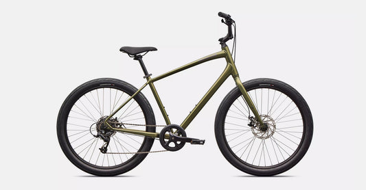 Right profile view of olive green Specialized Roll bicycle with black components on white background. 