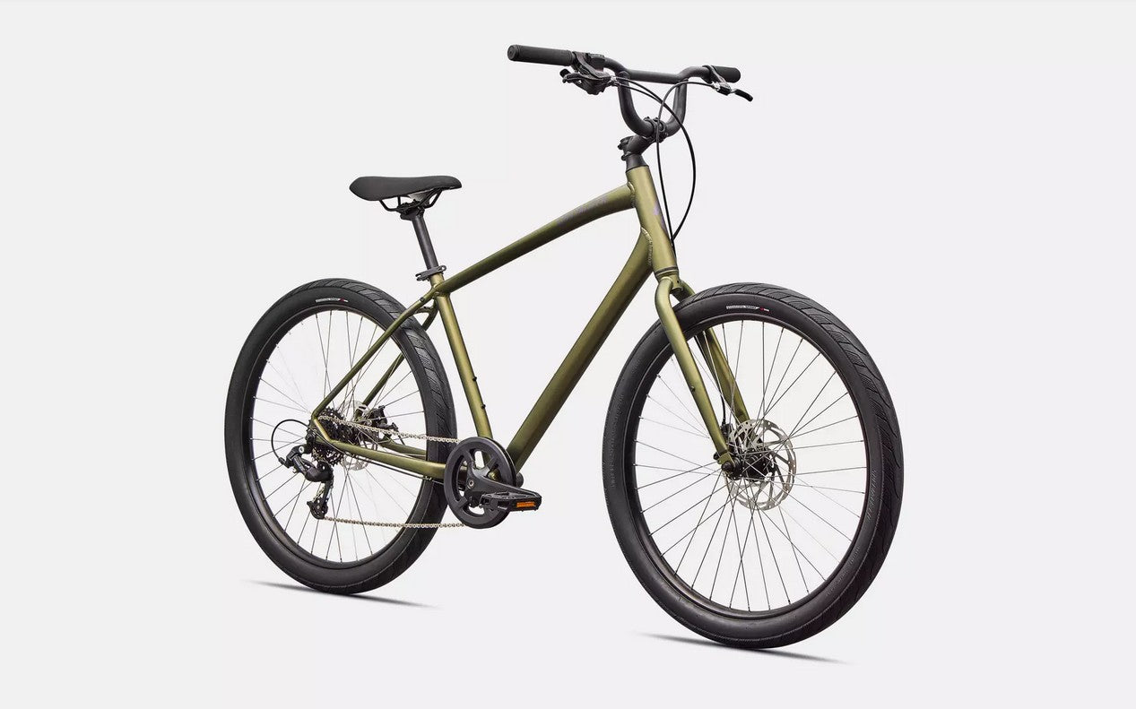 Front right profile view of olive green Specialized Roll bicycle with black components on a white background. 